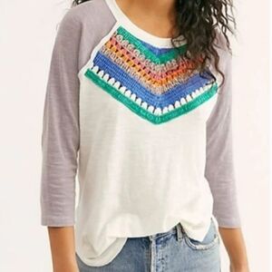 Free People We The Free Spring Bound Crochet Top 3/4 Raglan Sleeve Sz. L